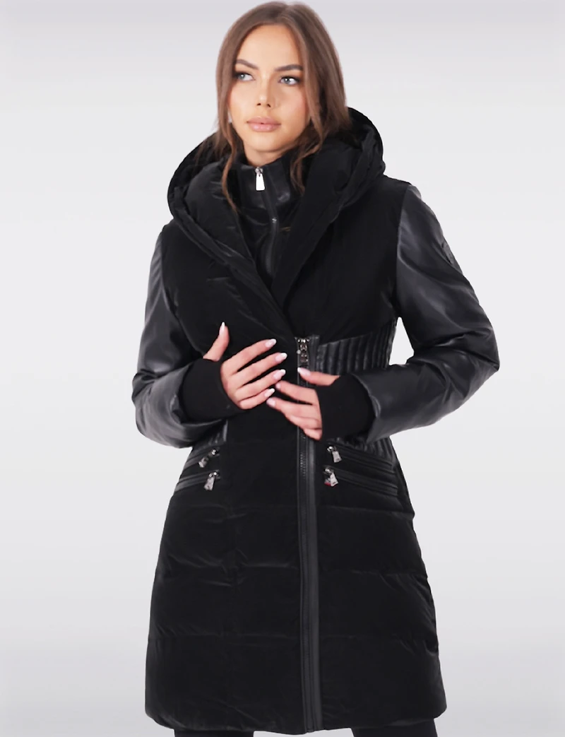 Tailored Luxury Coat - Vegan Leather Waist Detail & Faux Fur Trim Hood by Sicily