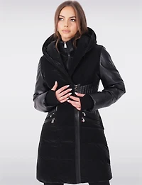 Tailored Luxury Coat - Vegan Leather Waist Detail & Faux Fur Trim Hood by Sicily
