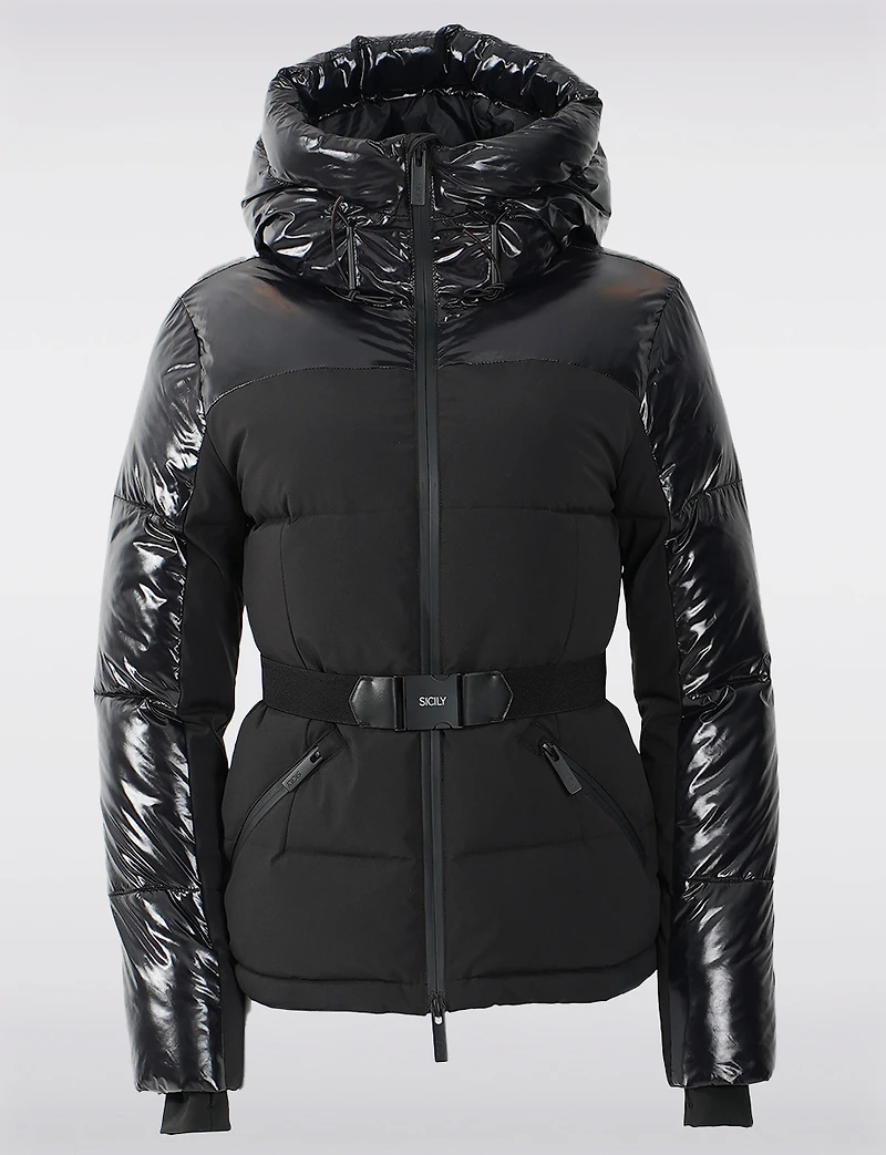 Chic Matte & Cire Eco-Down Short Slim Fit Puffer Jacket with Belt by Sicily