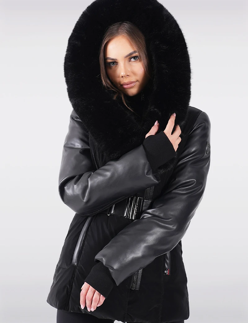 Leather Trim Belted Jacket with Faux Fur Lined Hood and Collar by Sicily