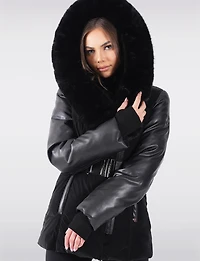 Leather Trim Belted Jacket with Faux Fur Lined Hood and Collar by Sicily