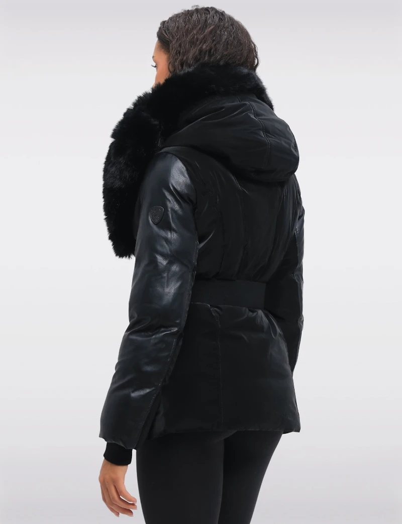 Leather Trim Belted Jacket with Faux Fur Lined Hood and Collar by Sicily