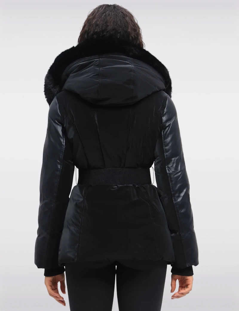 Leather Trim Belted Jacket with Faux Fur Lined Hood and Collar by Sicily