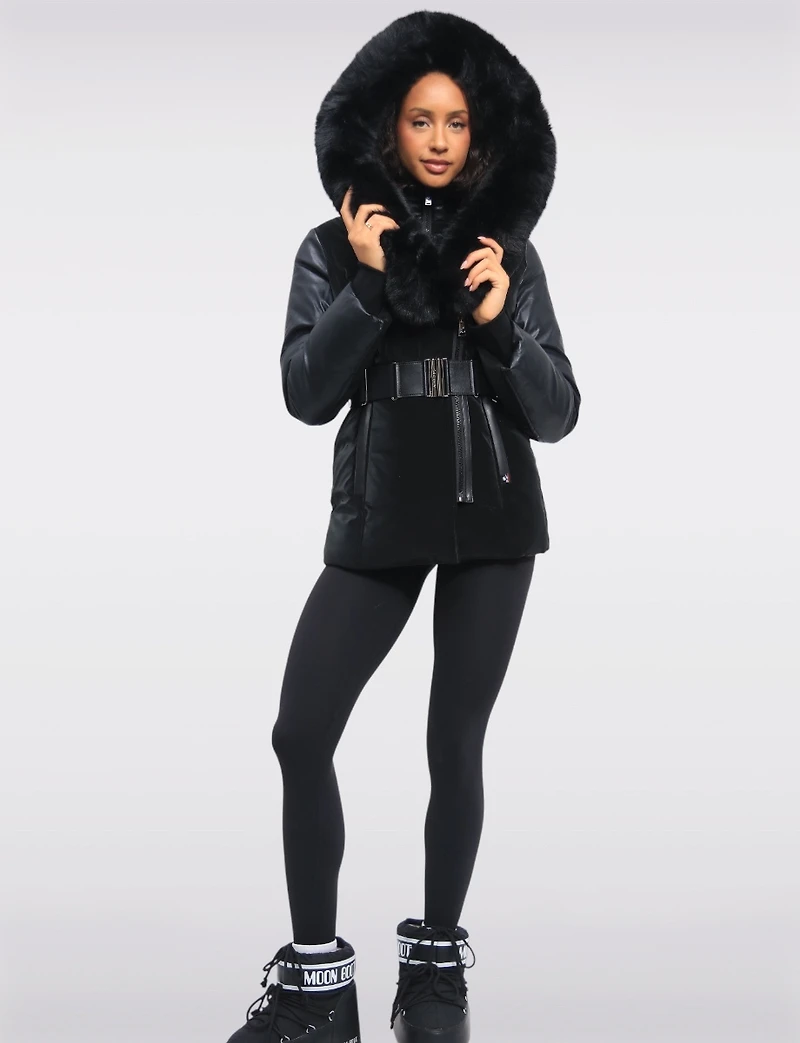 Leather Trim Belted Jacket with Faux Fur Lined Hood and Collar by Sicily