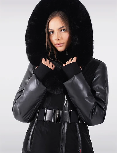 Leather Trim Belted Jacket with Faux Fur Lined Hood and Collar by Sicily