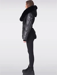 Leather Trim Belted Jacket with Faux Fur Lined Hood and Collar by Sicily