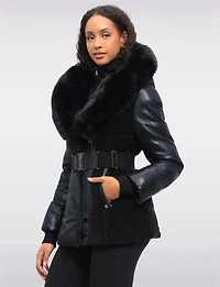 Leather Trim Belted Jacket with Faux Fur Lined Hood and Collar by Sicily