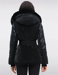 Leather Trim Belted Jacket with Faux Fur Lined Hood and Collar by Sicily