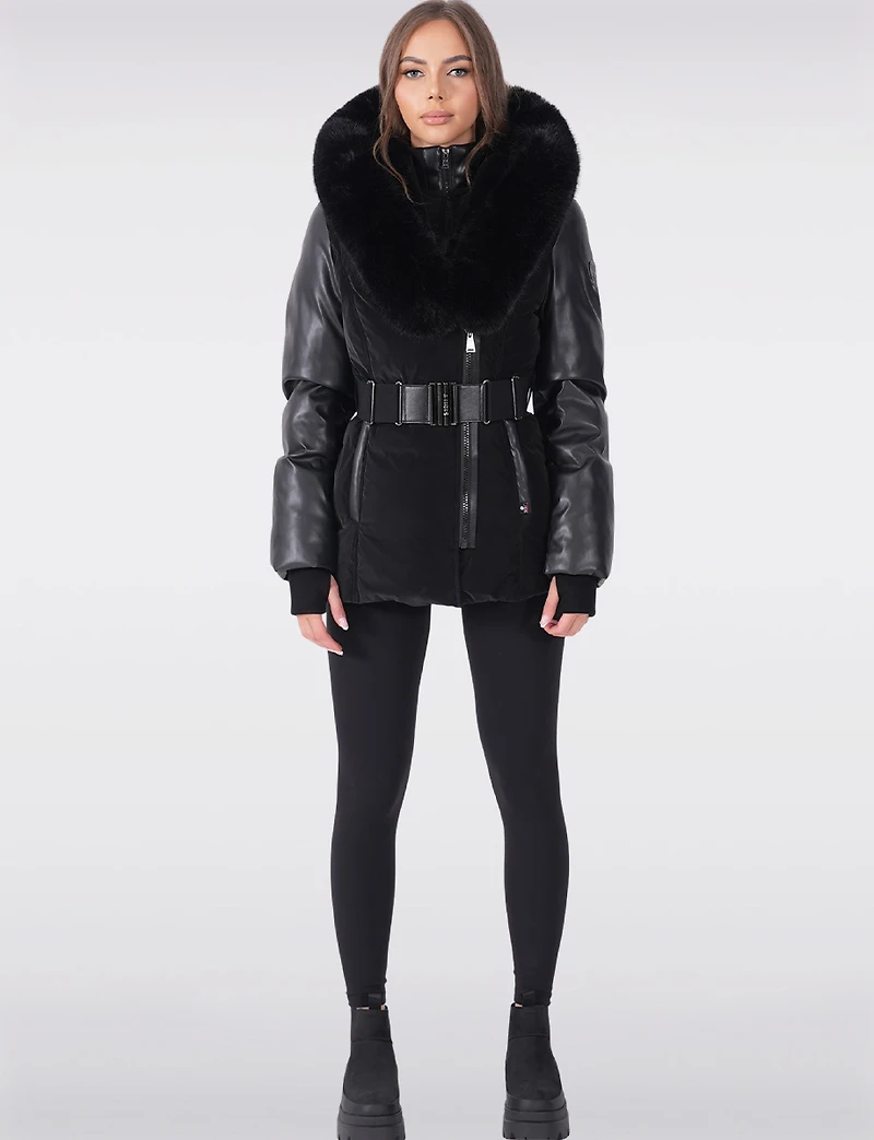Leather Trim Belted Jacket with Faux Fur Lined Hood and Collar by Sicily