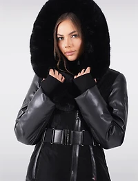Leather Trim Belted Jacket with Faux Fur Lined Hood and Collar by Sicily