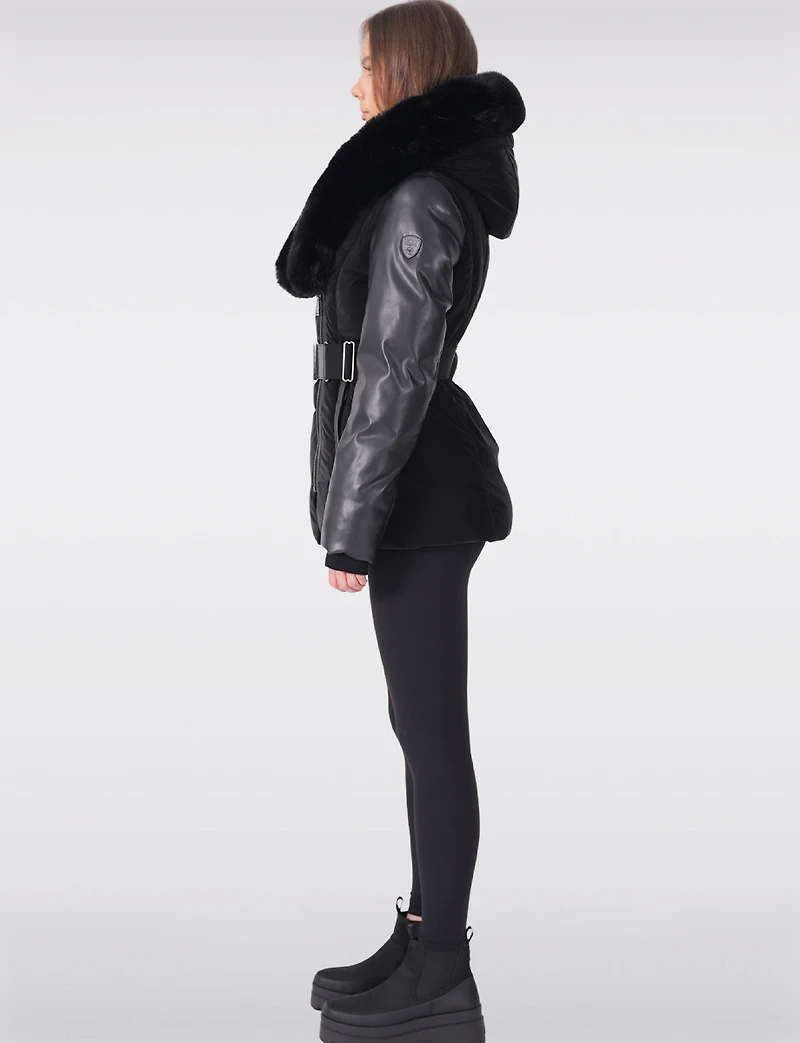 Leather Trim Belted Jacket with Faux Fur Lined Hood and Collar by Sicily