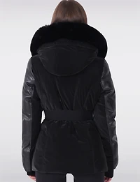 Leather Trim Belted Jacket with Faux Fur Lined Hood and Collar by Sicily