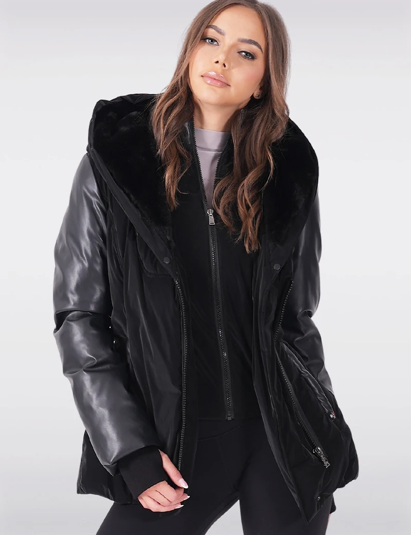 Leather Trim Belted Jacket with Faux Fur Lined Hood and Collar by Sicily