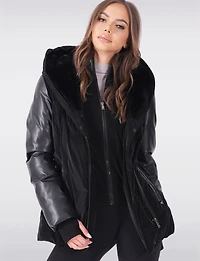 Leather Trim Belted Jacket with Faux Fur Lined Hood and Collar by Sicily