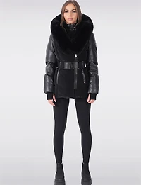 Leather Trim Belted Jacket with Faux Fur Lined Hood and Collar by Sicily