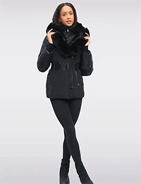 Matte Leather Trim Belted Jacket with Faux Fur Lined Hood and Collar by Sicily