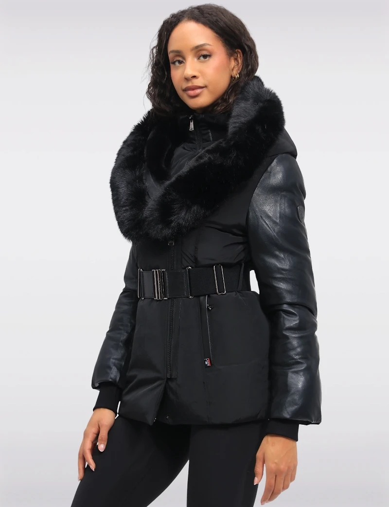 Matte Leather Trim Belted Jacket with Faux Fur Lined Hood and Collar by Sicily