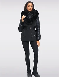 Matte Leather Trim Belted Jacket with Faux Fur Lined Hood and Collar by Sicily
