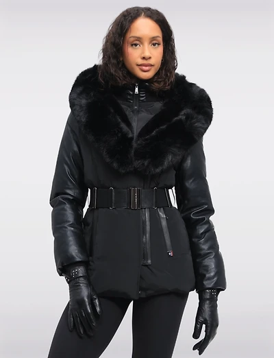 Matte Leather Trim Belted Jacket with Faux Fur Lined Hood and Collar by Sicily