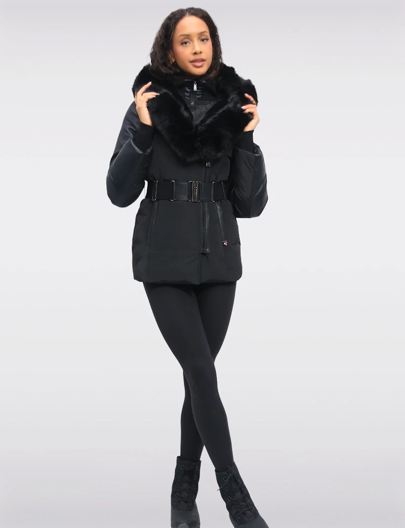 Matte Leather Trim Belted Jacket with Faux Fur Lined Hood and Collar by Sicily