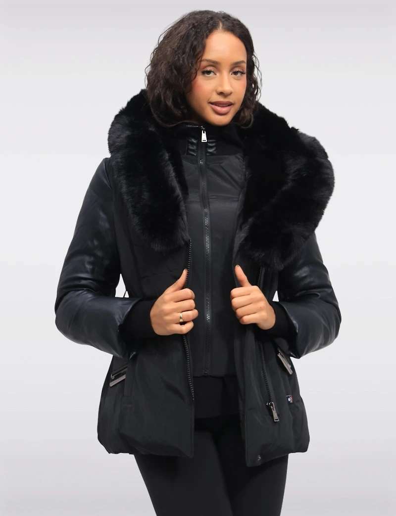 Matte Leather Trim Belted Jacket with Faux Fur Lined Hood and Collar by Sicily