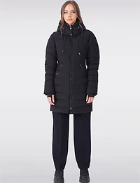 Dual Quilted Fitted Long Down Zip Front Detachable Hood Puffer Jacket by Sicily