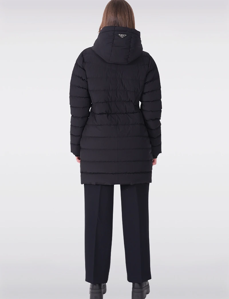 Dual Quilted Fitted Long Down Zip Front Detachable Hood Puffer Jacket by Sicily
