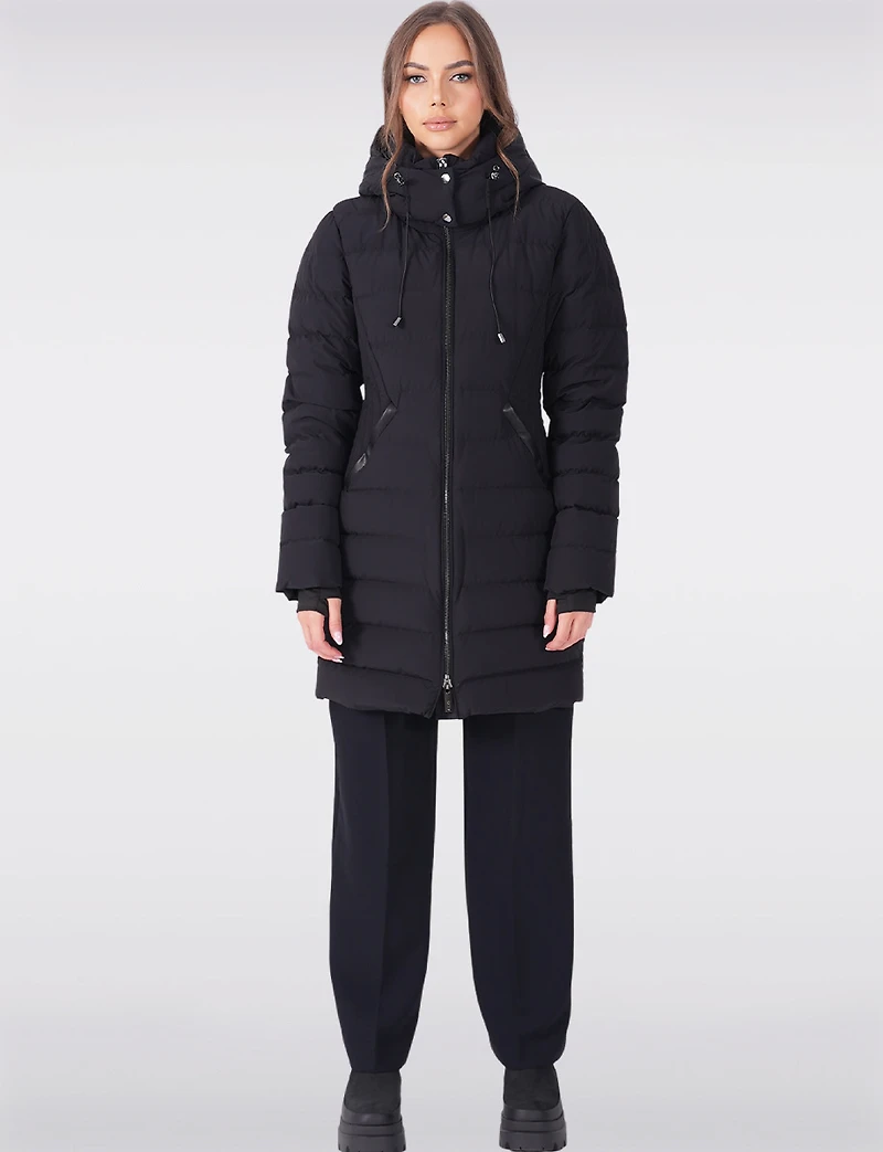 Dual Quilted Fitted Long Down Zip Front Detachable Hood Puffer Jacket by Sicily