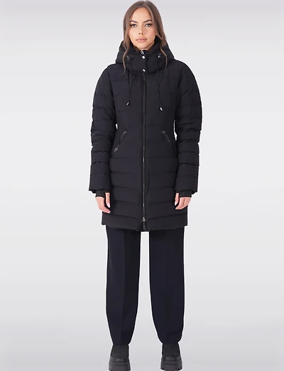 Dual Quilted Fitted Long Down Zip Front Detachable Hood Puffer Jacket by Sicily