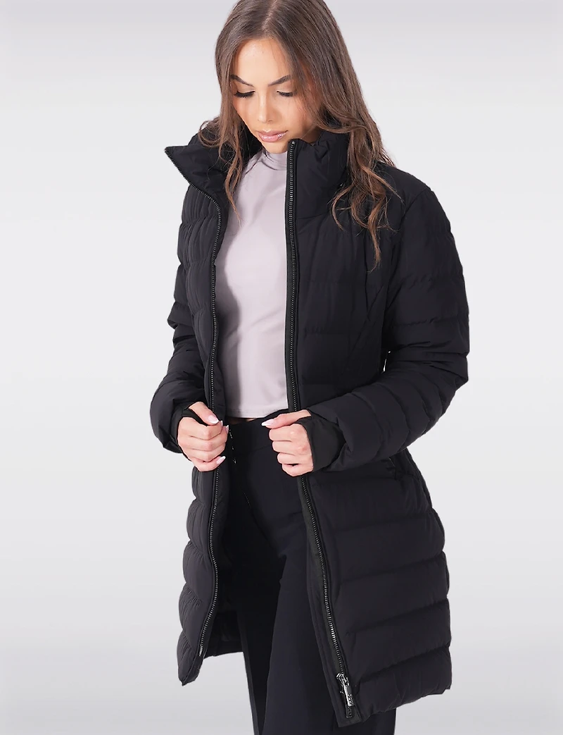 Dual Quilted Fitted Long Down Zip Front Detachable Hood Puffer Jacket by Sicily
