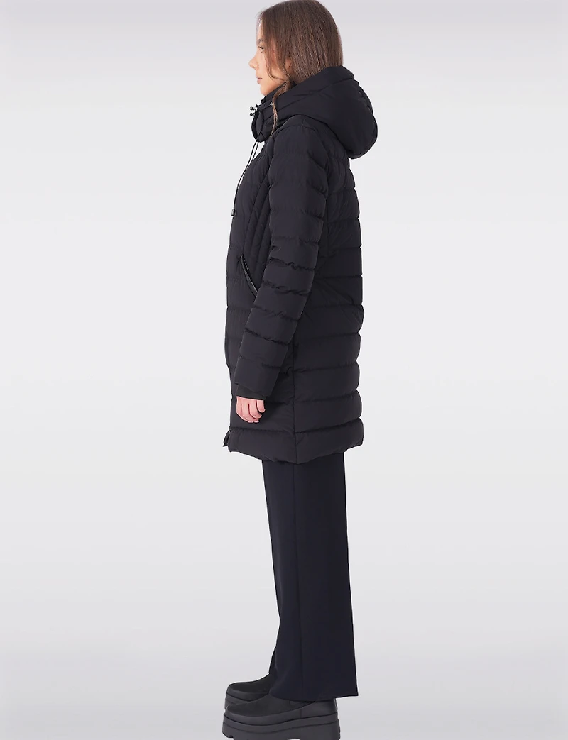 Dual Quilted Fitted Long Down Zip Front Detachable Hood Puffer Jacket by Sicily