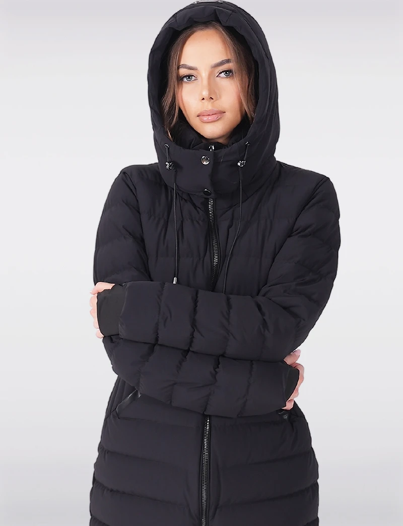 Dual Quilted Fitted Long Down Zip Front Detachable Hood Puffer Jacket by Sicily