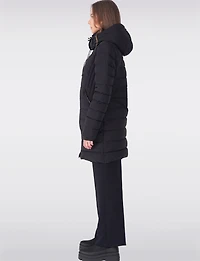 Dual Quilted Fitted Long Down Zip Front Detachable Hood Puffer Jacket by Sicily