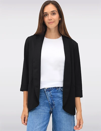 Sleek Stretch 3/4 Sleeve Blazer with Roll Cuffs and Rounded Hemline by Perle