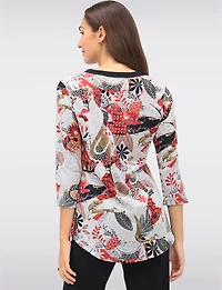 Vibrant Printed Contrast Trim V-Neck 3/4 Sleeve Knit Top with Rounded Hem Perle
