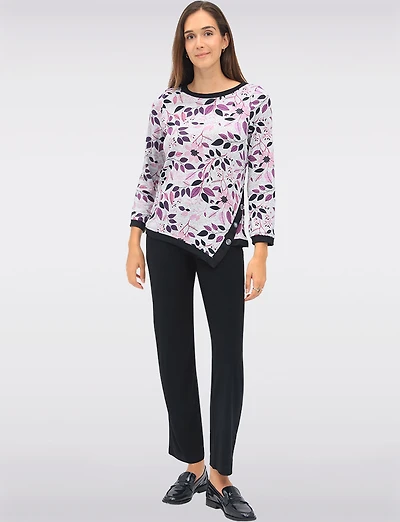 Long Sleeve Printed Asymmetrical Crew Neck Knit Top with Contrast Trim by Perle