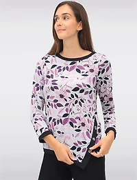 Long Sleeve Printed Asymmetrical Crew Neck Knit Top with Contrast Trim by Perle