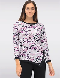 Long Sleeve Printed Asymmetrical Crew Neck Knit Top with Contrast Trim by Perle