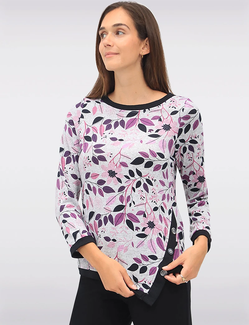 Long Sleeve Printed Asymmetrical Crew Neck Knit Top with Contrast Trim by Perle