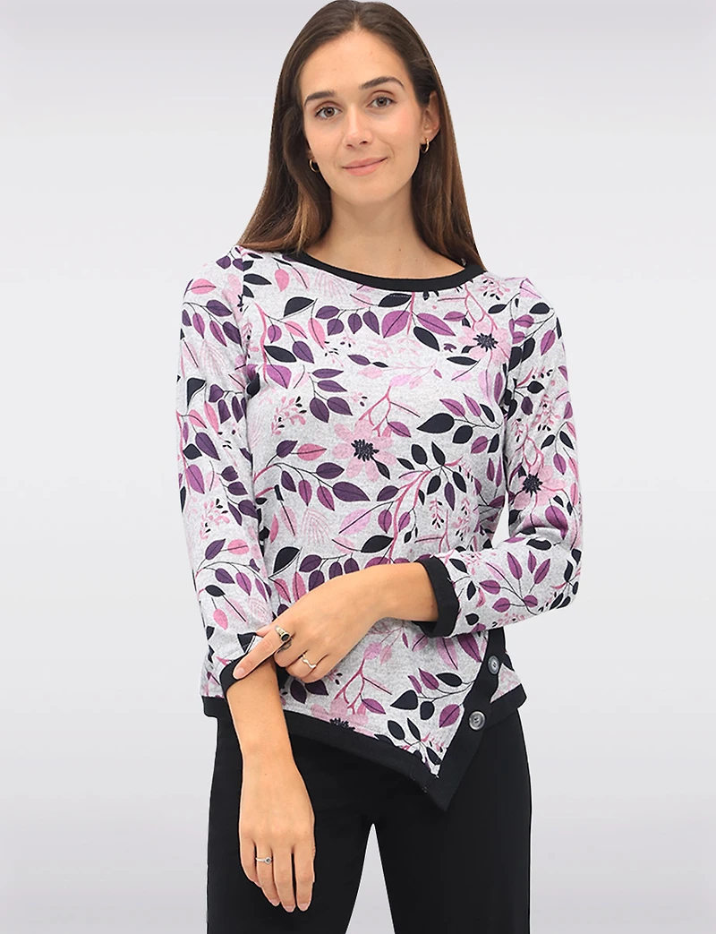 Long Sleeve Printed Asymmetrical Crew Neck Knit Top with Contrast Trim by Perle