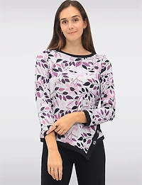 Long Sleeve Printed Asymmetrical Crew Neck Knit Top with Contrast Trim by Perle