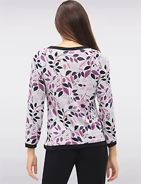 Long Sleeve Printed Asymmetrical Crew Neck Knit Top with Contrast Trim by Perle
