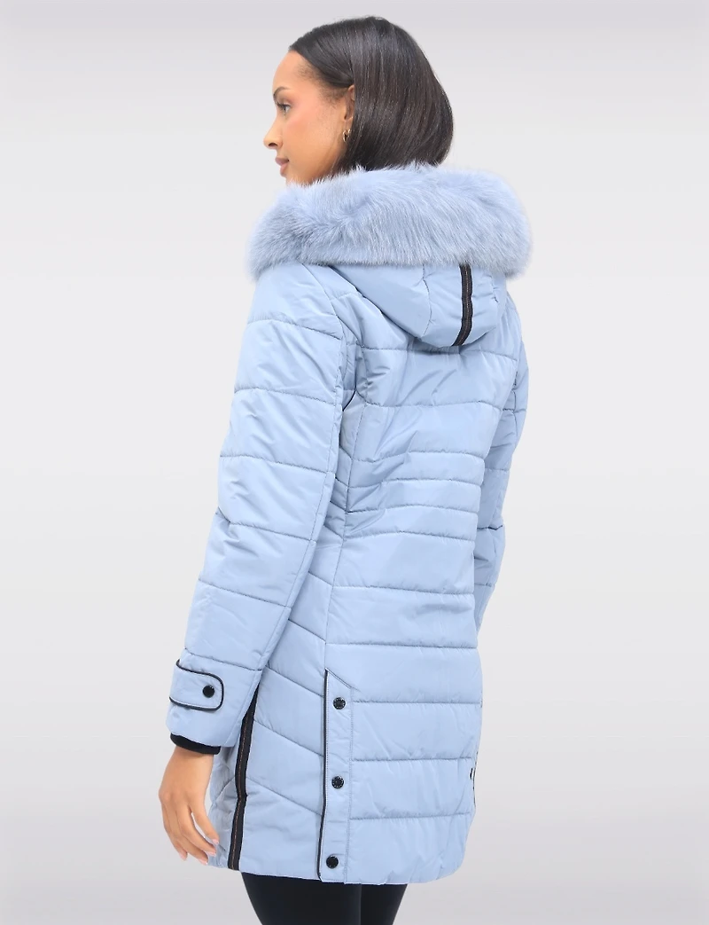 Mid-length Monochromatic Quilted Puffer Coat with Genuine Fur Trim Hood by Styla