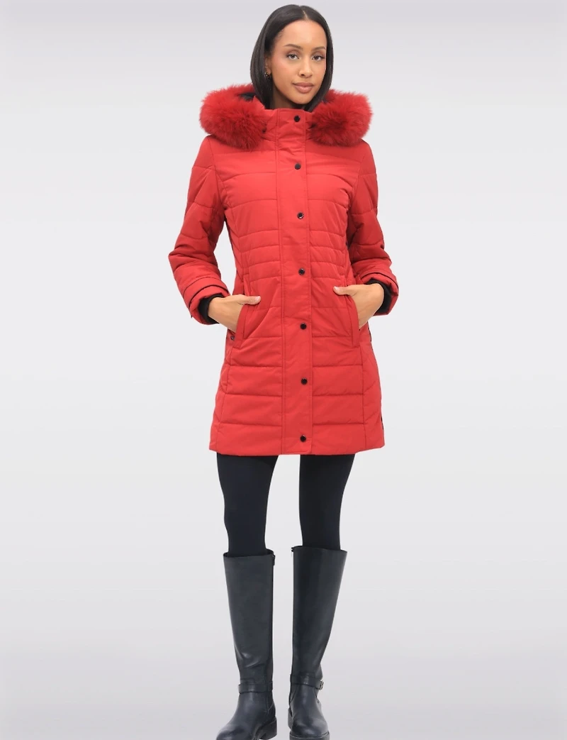 Mid-length Monochromatic Quilted Puffer Coat with Genuine Fur Trim Hood by Styla