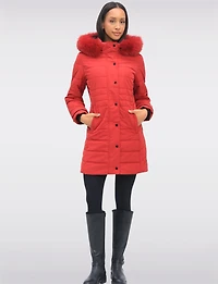 Mid-length Monochromatic Quilted Puffer Coat with Genuine Fur Trim Hood by Styla