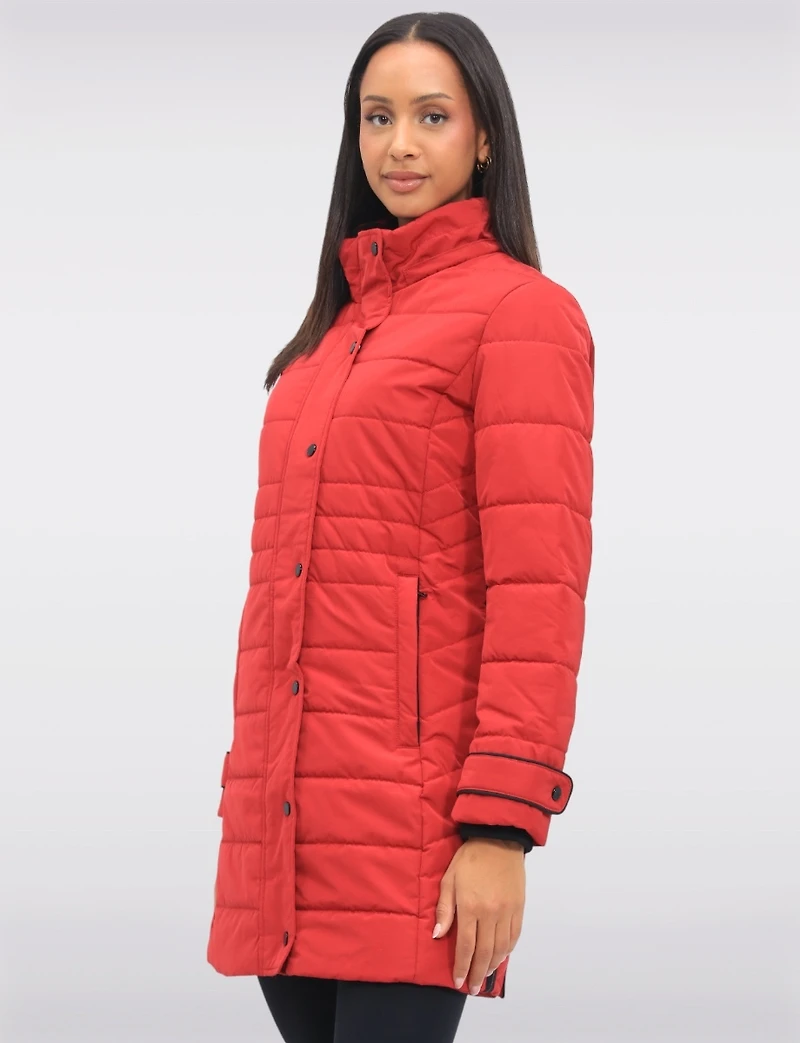Mid-length Monochromatic Quilted Puffer Coat with Genuine Fur Trim Hood by Styla