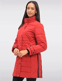 Mid-length Monochromatic Quilted Puffer Coat with Genuine Fur Trim Hood by Styla