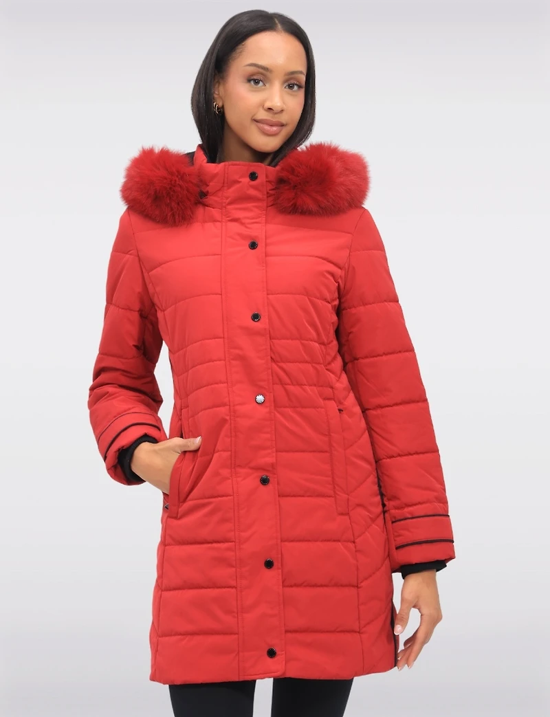 Mid-length Monochromatic Quilted Puffer Coat with Genuine Fur Trim Hood by Styla