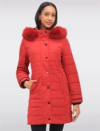 Mid-length Monochromatic Quilted Puffer Coat with Genuine Fur Trim Hood by Styla
