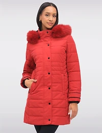 Mid-length Monochromatic Quilted Puffer Coat with Genuine Fur Trim Hood by Styla